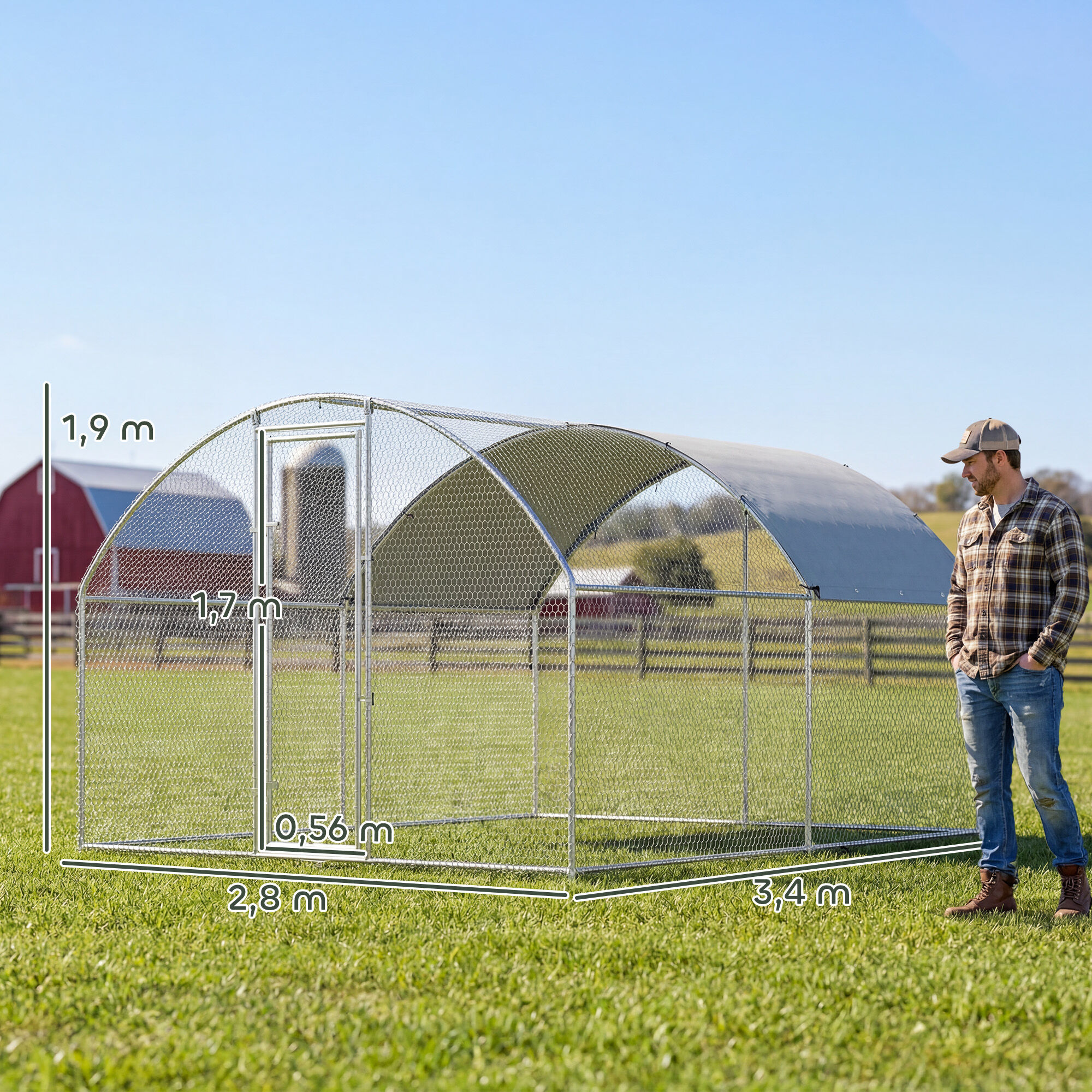 PawHut Gallinero para Exterior Grande, 2,8x5,1x1,9 m, 14,2 m&sup2;, Gallinero de Acero Galvanizado con Cubierta de Tela Oxford, Anti-UV e Impermeable, Puerta y Pestillos, Jaula para 15-24 Gallinas, Plata, , large Imagen numero 13