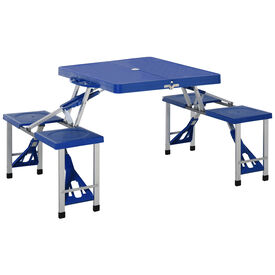 Outsunny Mesa Maleta de Camping azul Plegable y Portátil con 4 Asientos y Agujero para Sombrilla