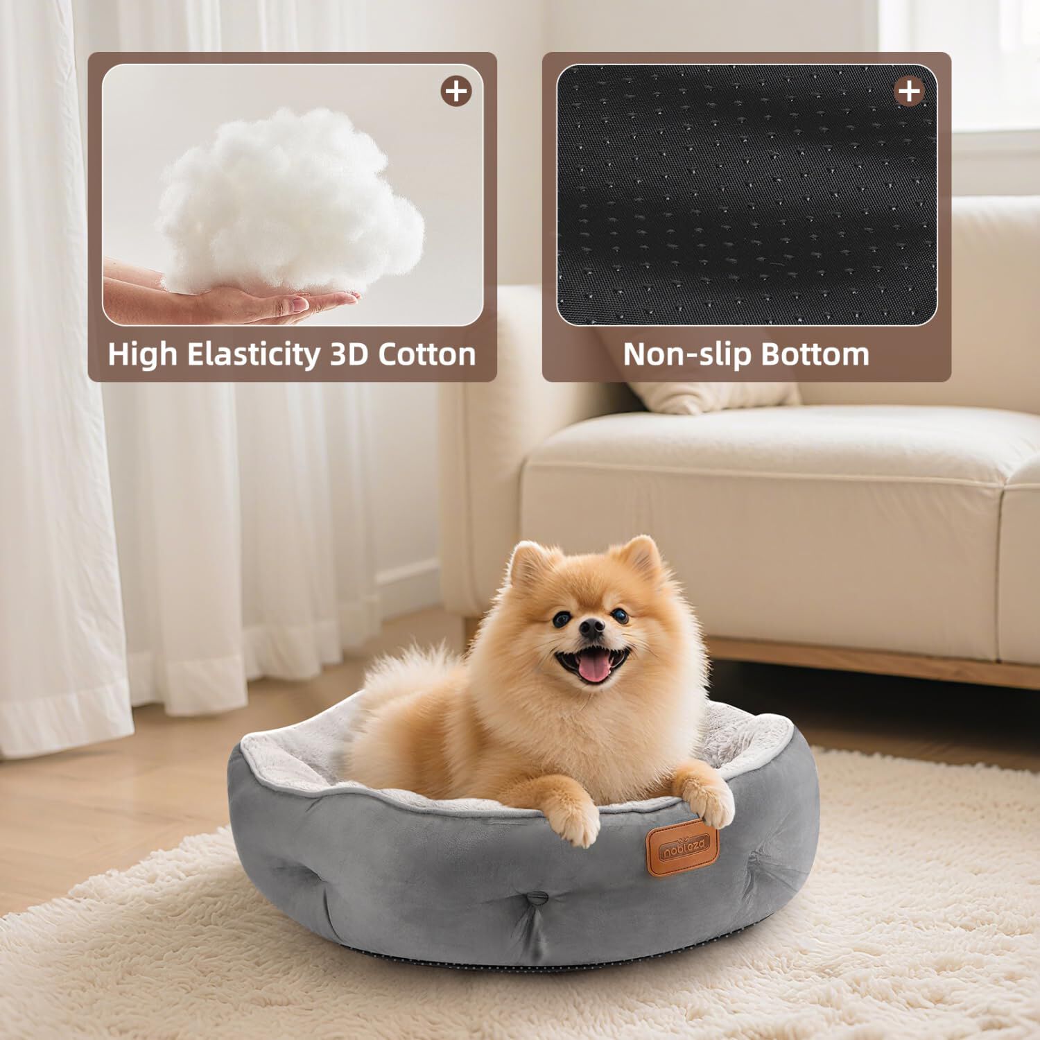 Nobleza Cama para Perros Peque&ntilde;os, Cama Lavable para Mascotas, Sof&aacute; Redonda de Perros y Gatos Antideslizantes y Antiestres, Felpa Suave y Mullida, Bordes Elevados, Gris, &Oslash;60 x 18 cm, , large Imagen numero 3