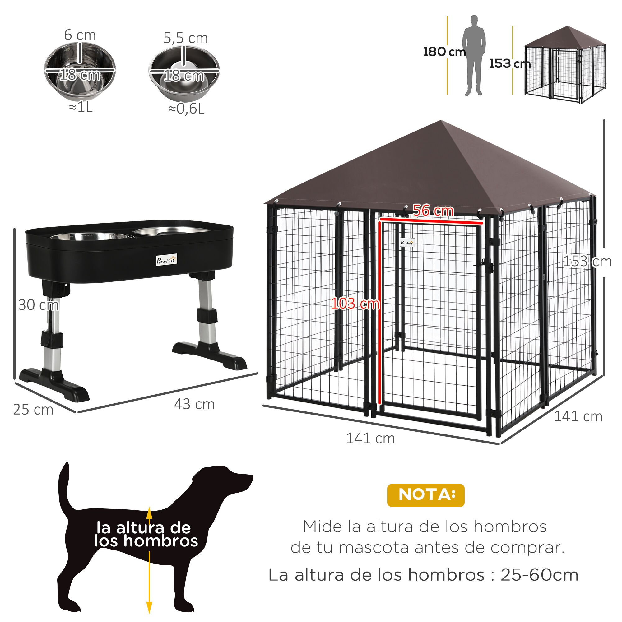 PawHut Conjunto para Mascotas Juego de Perrera de Exterior con Techo y Comedero Elevado para Perros de 4 Alturas Ajustables para Terraza Balc&oacute;n 141x141x153 cm 43x25x30 cm Negro, , large Imagen numero 3