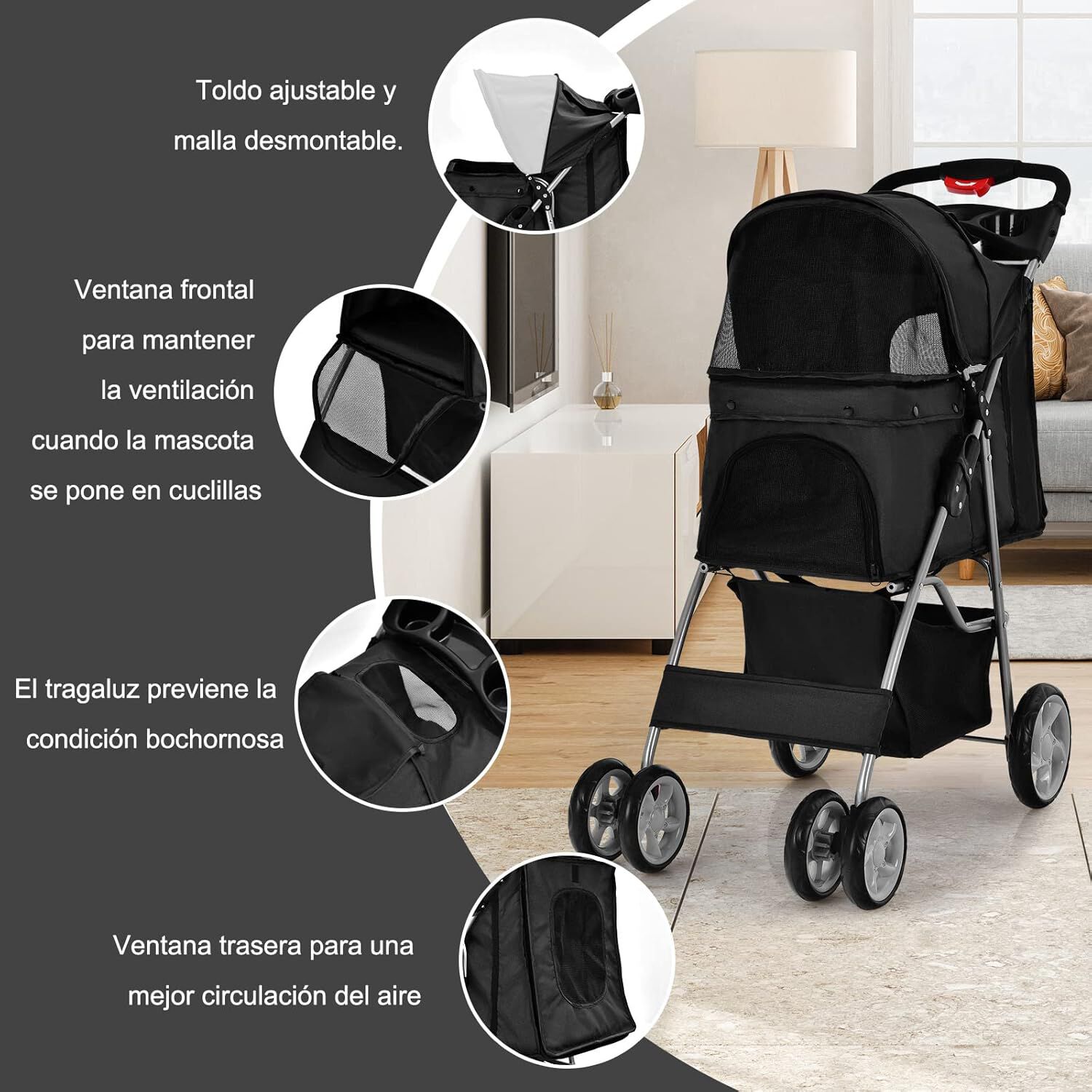 COSTWAY Cochecito para Mascotas Plegable, Cochecito de Mascotas de 4 Ruedas para Gatos/Perros, Carrito para Gatos con Cesta de Almacenamiento para Mascotas, Ventana de Malla, impermeable (Negro), , large Imagen numero 2