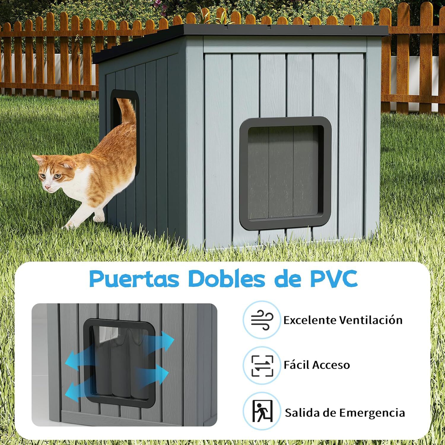 COSTWAY Casa para Gatos Exterior, Resistente a la Intemperie, 62,5x54x56,5 cm, Caseta Gato Exterior con 2 PVC Puertas de Rejilla y Techo Inclinado, Refugio para Mascotas, Cachorros, Conejos, Gris, , large Imagen numero 4