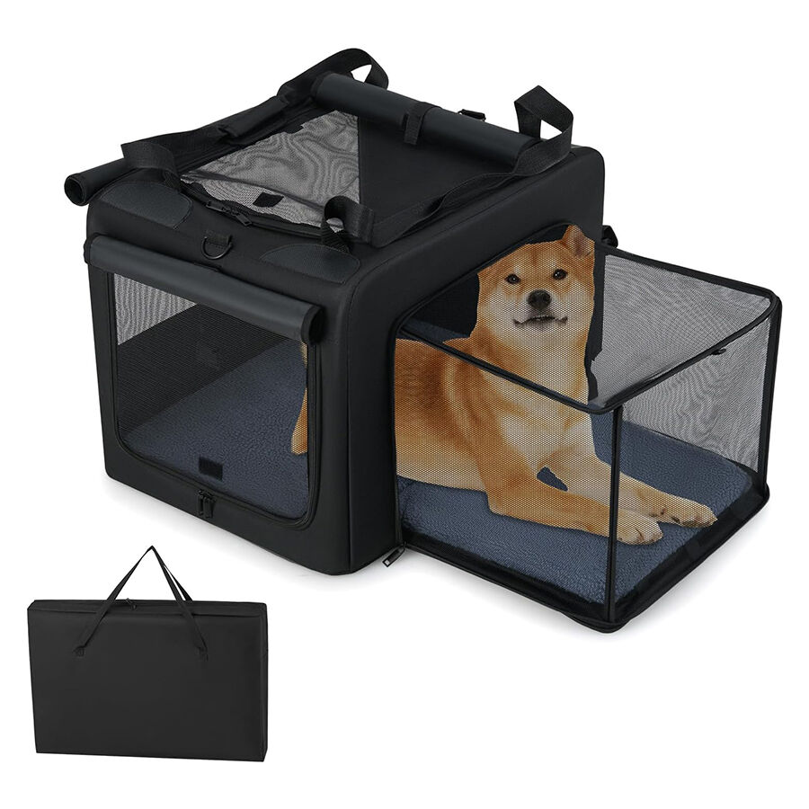 COSTWAY Transportín para Perros, Bolsa Transportin Portátil y Plegable para Mascotas con 2 Aberturas y Ventana, Cesta Interior de Malla, Bolsillos Laterales para Interior Exterior (80 x 65 x 42 cm)