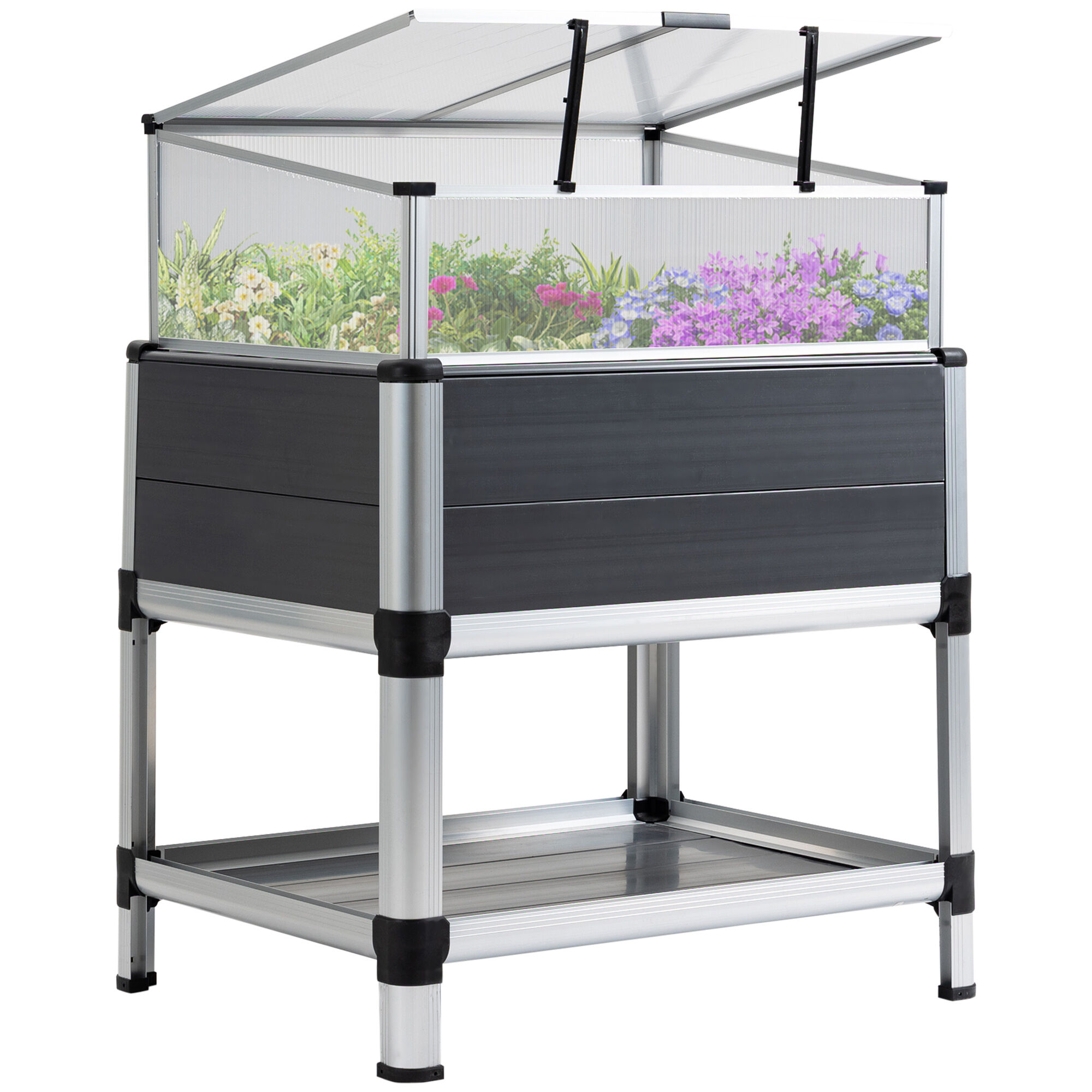 Outsunny Huerto Urbano Elevado de Aluminio 78,5x61x99,5 cm Macetero con Cubierta de Policarbonato Techos Abatibles y Estante Inferior para Cultivos Planta Flores Gris, , large Imagen numero 1