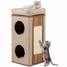 COSTWAY Condominio para Gatos de 3 Pisos, Casa para Gatos con Tabla de Rascar y 2 Entradas, Casa en Forma de Barril para Gatos de Interior, Casa para Gatos de 3 Pisos, 38 x 38 x 77,5 cm (Beige)