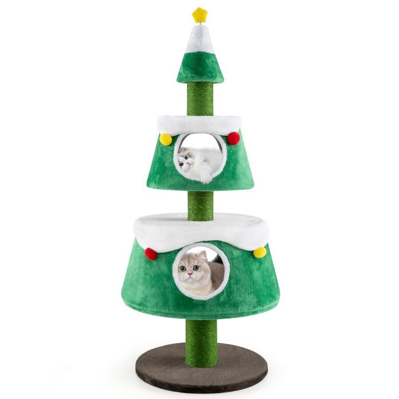 COSTWAY Casa en Árbol de Navidad para Gatos de Interior, Linda Torre para Gatos con 2 Condos, Postes de Rascado de Sisal, Juguete de Resorte, Camas Removibles, Centro de Actividades Moderno para Gatitos