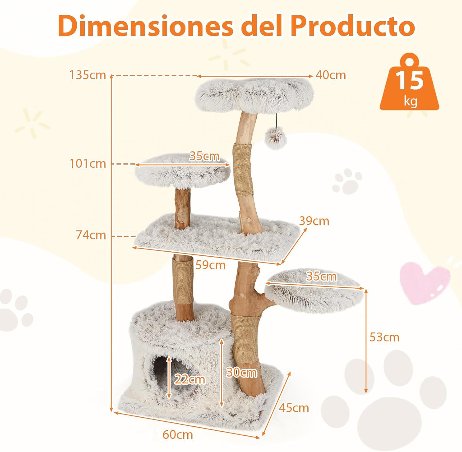 COSTWAY &Aacute;rbol para Gatos Moderno, 135 cm Rascador para Gatos de Yute con Rama Natural y Poste, Percha de Felpa, Condominio, &Aacute;rbol para Gatos de Madera Maciza con Dise&ntilde;o Floral, , large Imagen numero 2