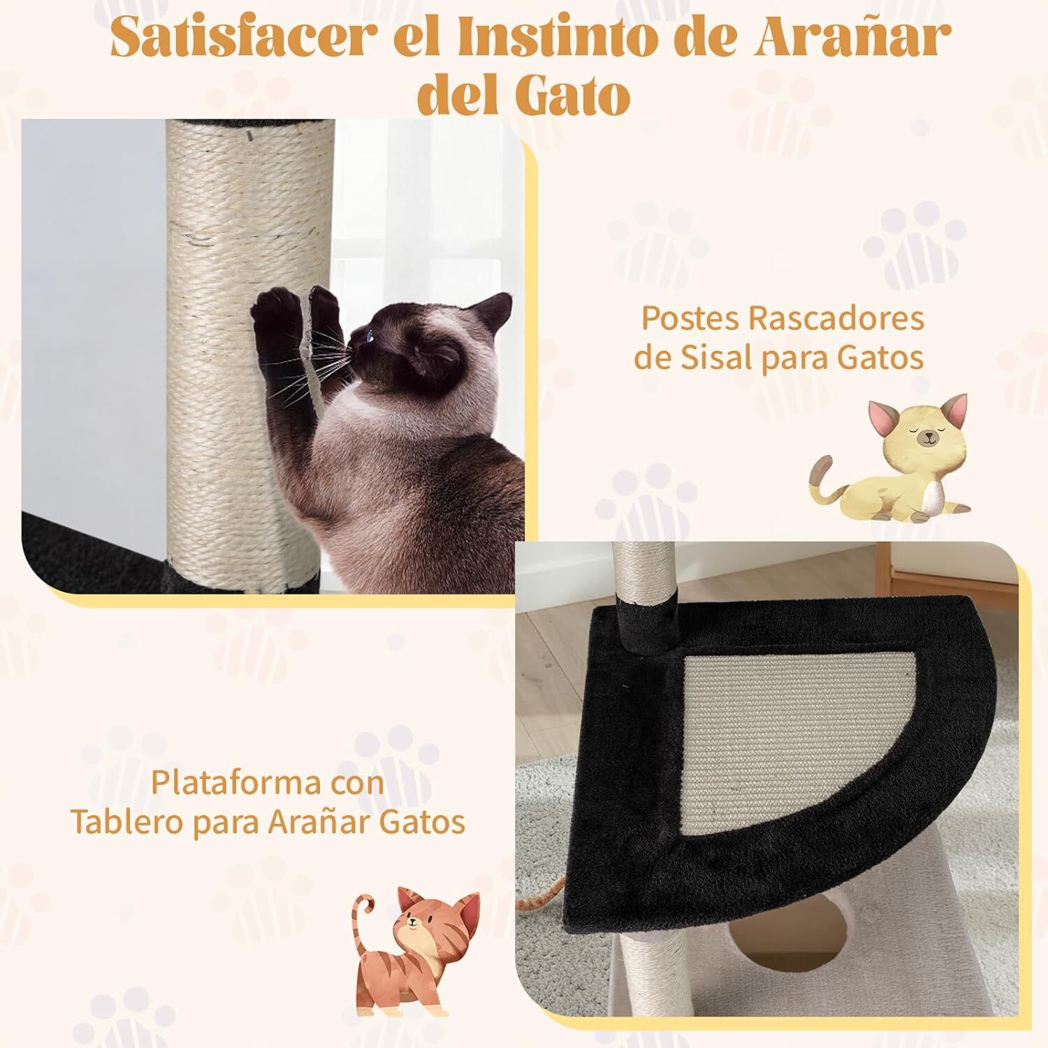 COSTWAY &Aacute;rbol Rascador para Gatos Grande, 122,5 cm Torre Rascador para Gatos con Postes de Rascado de Sisal y Tablero, Plataforma Arqueada, Percha Superior Acolchada, Castillo para Gato, Negro y Beige, , large Imagen numero 4