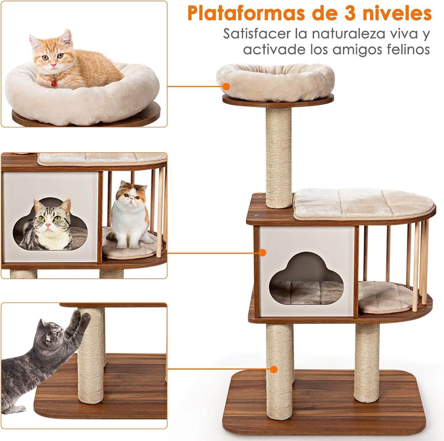 COSTWAY Mueble para Gatos &Aacute;rbol Actividad para Gatos con Poste Rascador y Colchonetas Casa de Madera de Gato 68x48x117cm, , large Imagen numero 3