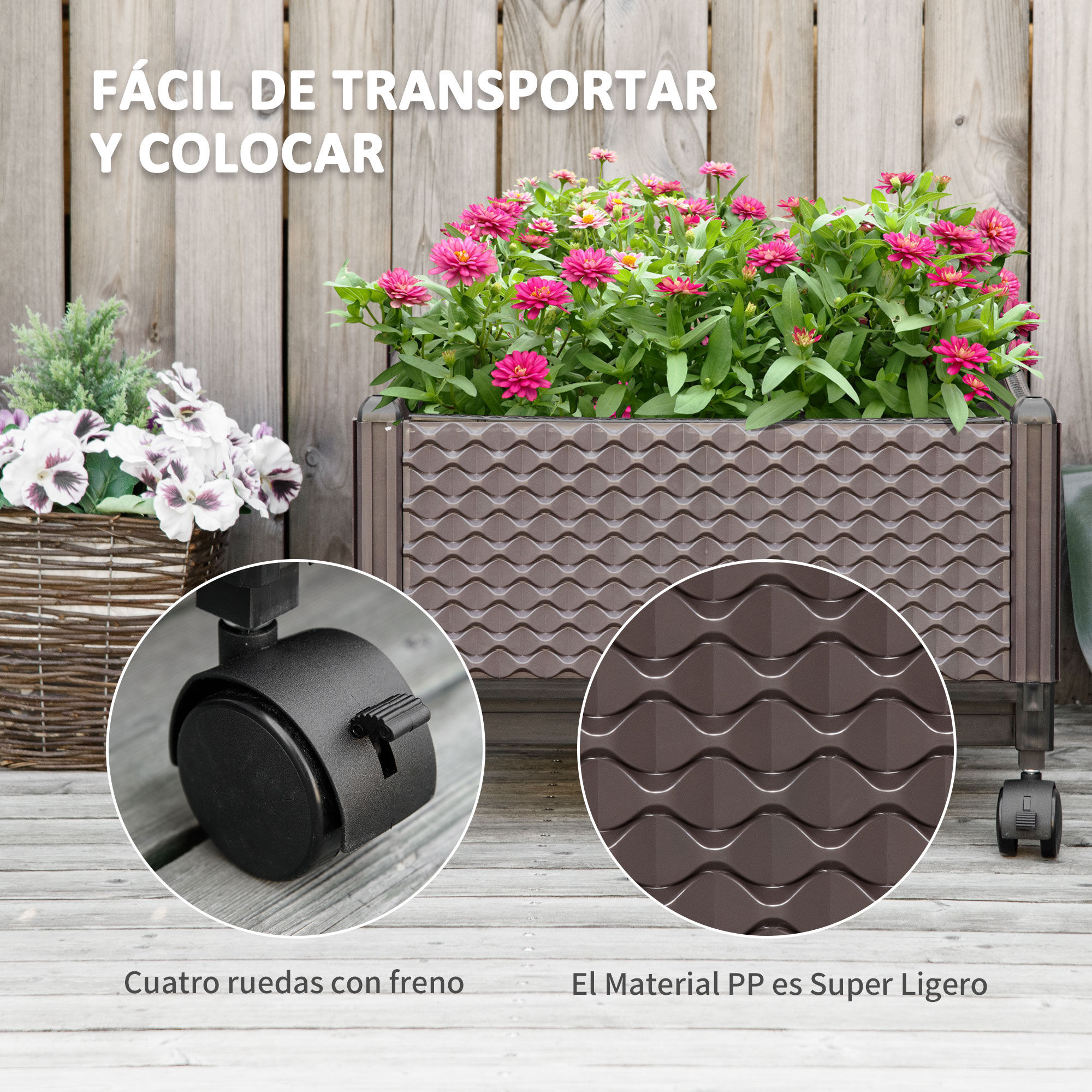 Outsunny Jardinera de Pl&aacute;stico con Ruedas Macetero de Jard&iacute;n con Agujeros de Drenaje para Cultivo de Plantas en Exterior Patio Terraza 50x50x33 cm Marr&oacute;n, , large Imagen numero 4