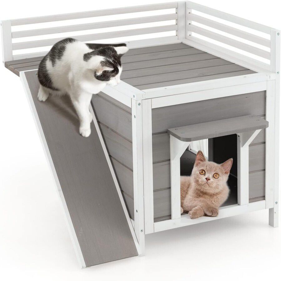 COSTWAY Caseta para Gatos de Madera, Casa para Gatos y Perros de 2 Pisos, Casa para Mascotas con Terraza, Rampa de Escalada y Puertas de Escape, 70 x 70 x 65 cm, , large Imagen numero 1