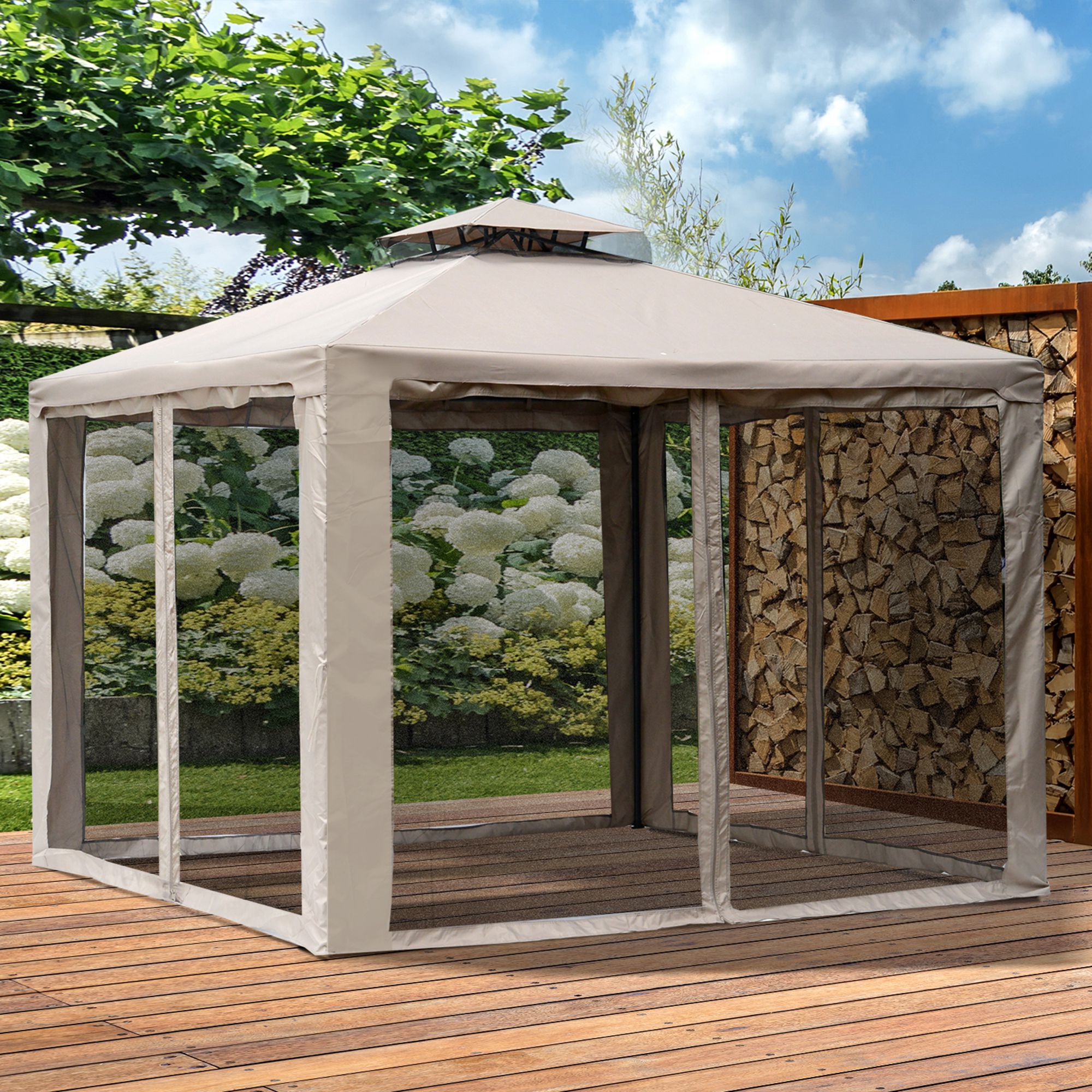 Outsunny Cenador de Jard&iacute;n 3x3 m Pabell&oacute;n de Exterior con Doble Techo de Ventilaci&oacute;n 4 Cortinas Mosquiteras Laterales con Cremallera 8 Orificios de Drenaje Gazebo para Fiestas Patio Marr&oacute;n Pardo, , large Imagen numero 2