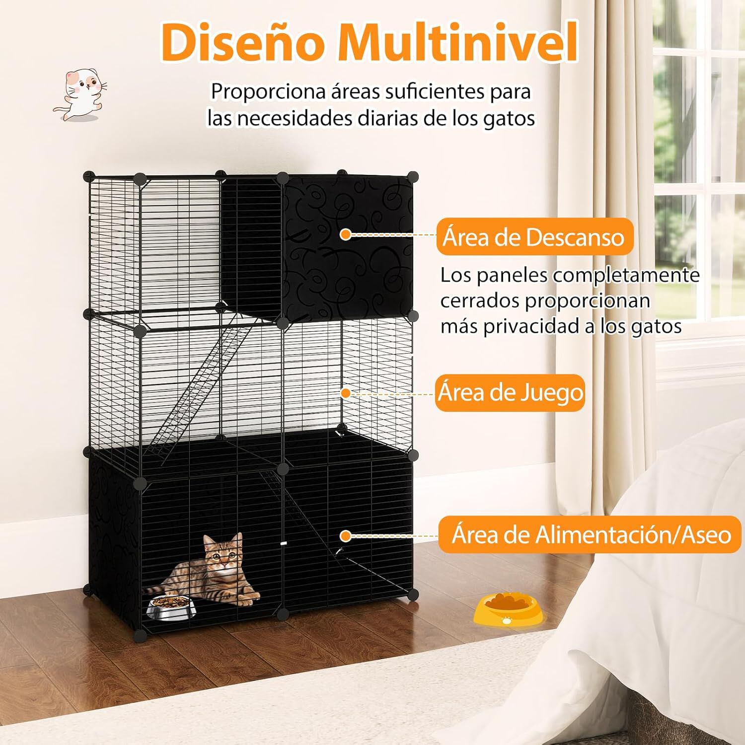 COSTWAY Jaula Grande para Gatos, Recinto para Gatitos de 3 Niveles de Alambre Met&aacute;lico para Interiores, Parque de Metal para Gatos, Corral para Mascotas para Peque&ntilde;os Animales, 74 x 47 x 110 cm, , large Imagen numero 3