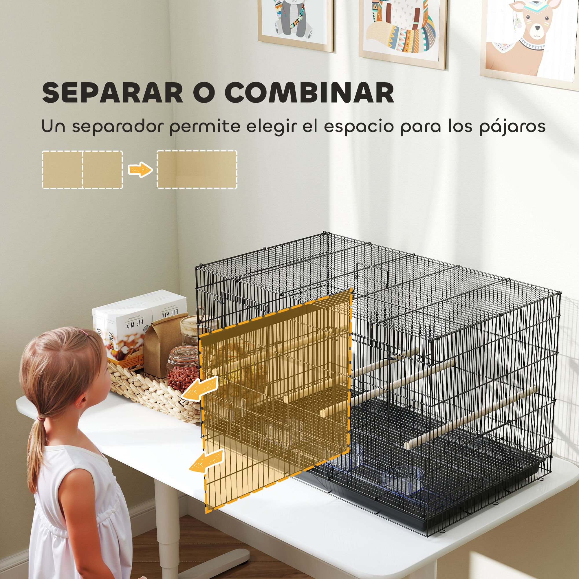 PawHut Jaula para Pájaros con Divisor, 76x46x46 cm, Pajarera con 4 Comederos, 4 Perchas y Bandeja Extraíble, Jaula para Loros, Canarios, Periquitos, Negro thumbnail