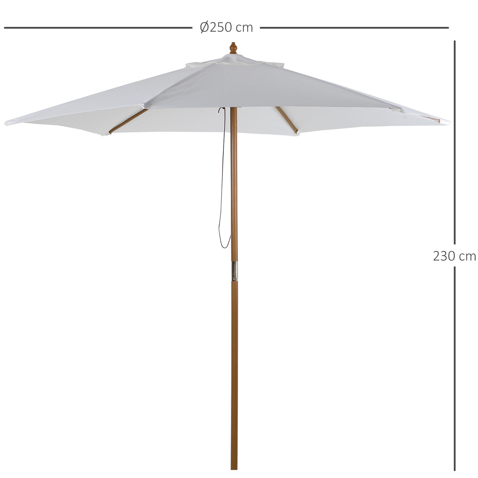 Outsunny Sombrilla Parasol de Madera &Oslash;250x230cm para Exterior con 6 Varillas Sistema de Cuerda con Fijaci&oacute;n Desmontable Port&aacute;til F&aacute;cil de Guardar y Transportar Blanco, , large Imagen numero 3