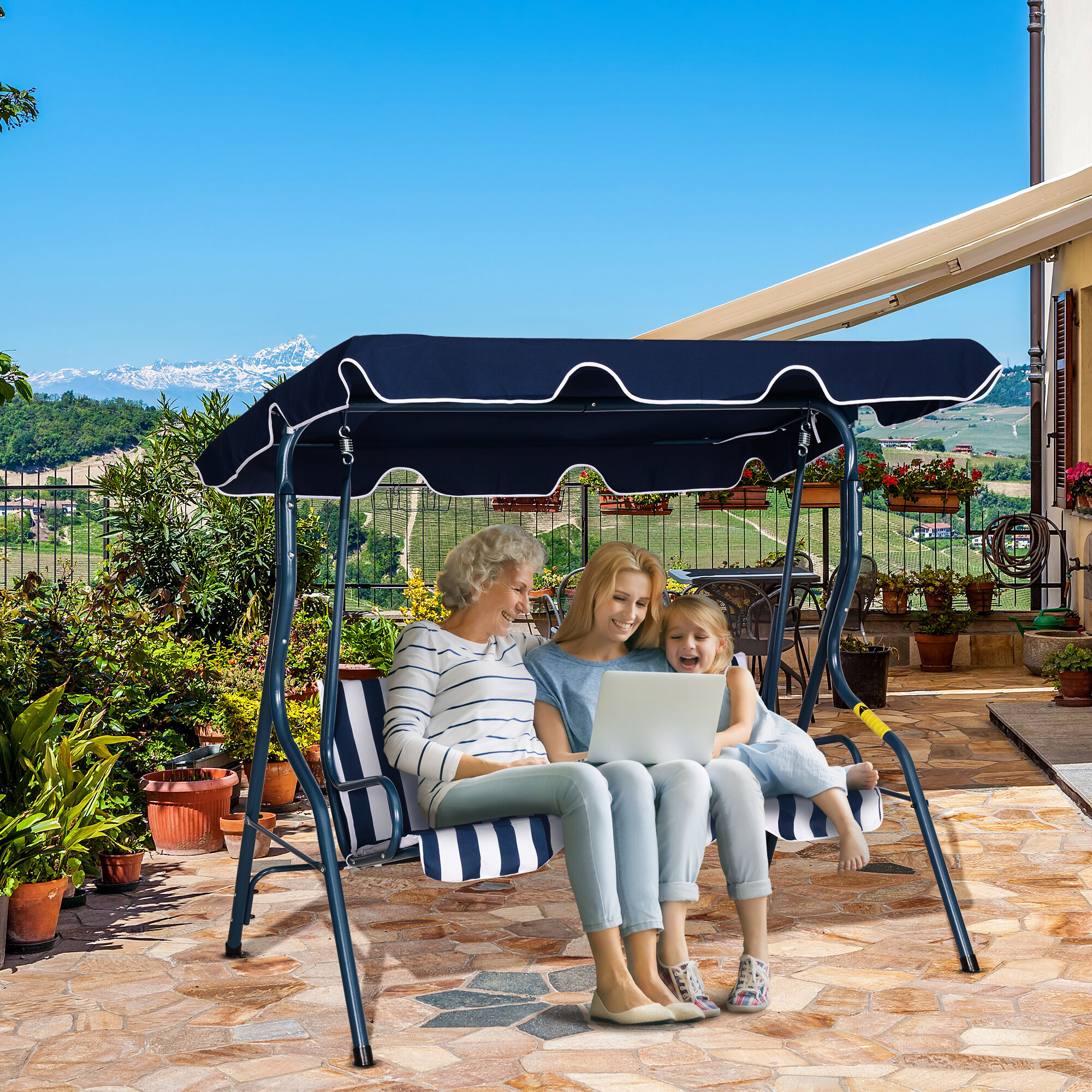 Outsunny Columpio Balanc&iacute;n de Jard&iacute;n Exterior 2-3 Plazas para Familias de Metal con Coj&iacute;n y Techo Ajustable para Balc&oacute;n Terraza Carga 200 kg 170x110x153 cm Raya Azul, , large Imagen numero 2