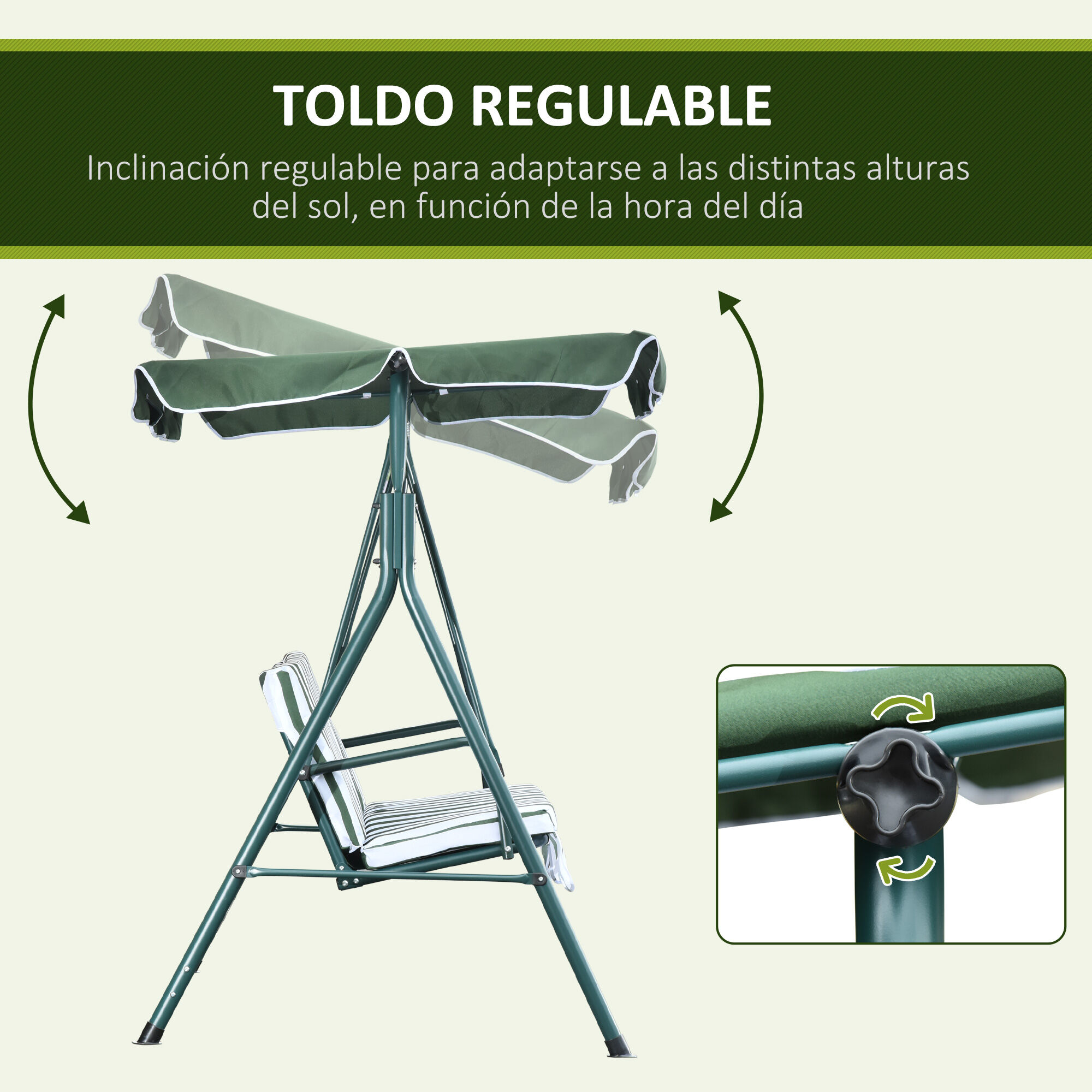 Outsunny Columpio Balanc&iacute;n de Jard&iacute;n Exterior de 3 Plazas con Coj&iacute;n Techo Ajustable y Marco de Metal para Balc&oacute;n Terraza Patio Carga M&aacute;x. 200 kg 172x110x153 cm Raya Verde, , large Imagen numero 5