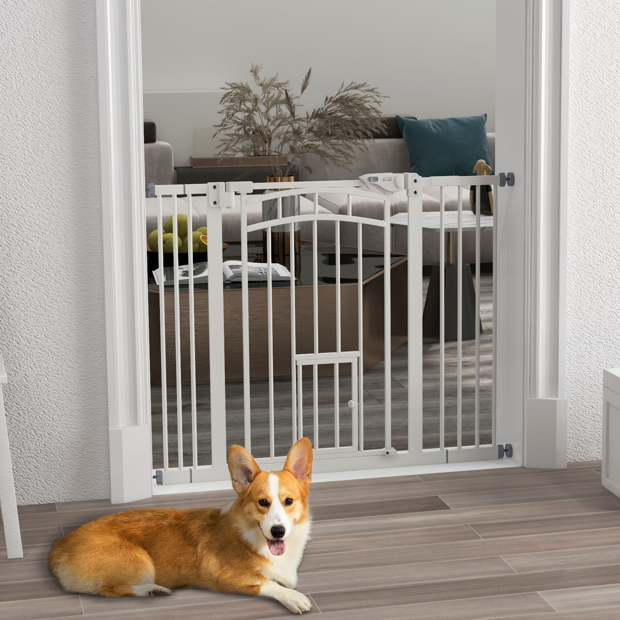 PawHut Barrera de Seguridad para Perros Extensible 74-100 cm, para Puertas y Escaleras, Puerta de Seguridad para Mascotas, con Montaje a Presión y Doble Bloqueo, Blanco thumbnail
