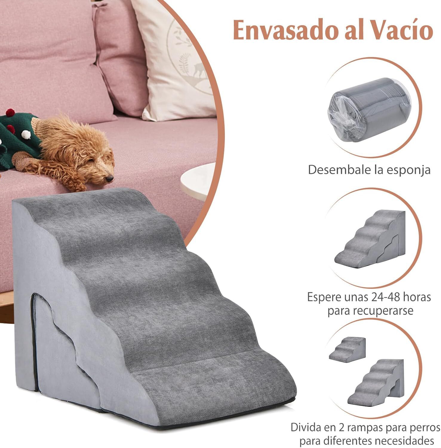 COSTWAY Rampa para Perros de Espuma de 5 Niveles, 56 cm Escalera para Mascotas Extra&iacute;ble y Lavable, Escalones para Perros de Espuma, 2 Rampas para Subir Mascotas (gris), , large Imagen numero 4