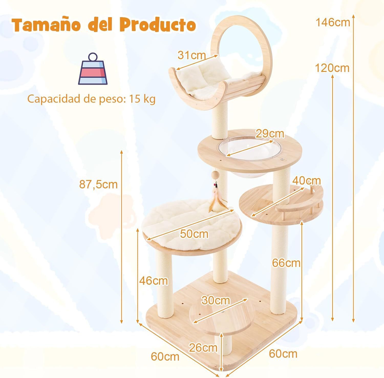 COSTWAY &Aacute;rbol para Gatos de 146 cm, 4 en 1 Torre para Gatos con Cama Curvada, 3 Plataformas Redonda, C&aacute;psula Espacial Transparente, Juguete Interactivo Colgante y Postes Rascadores de Sisal y Roble, , large Imagen numero 2