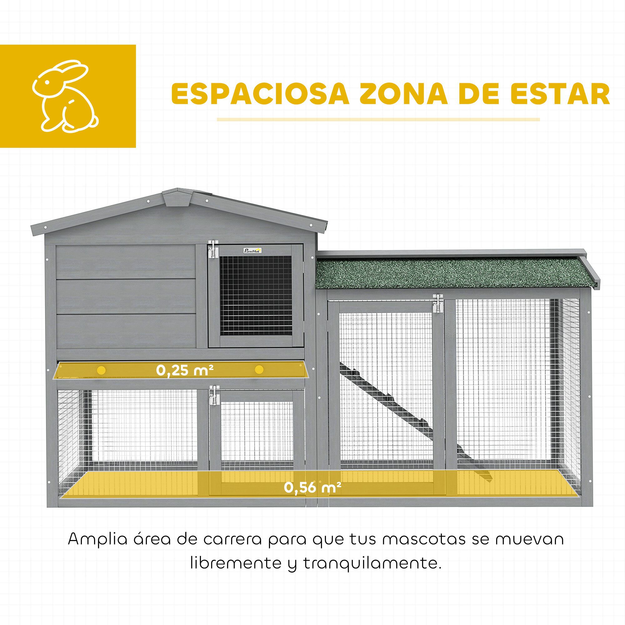 PawHut Conejera de Madera de 2 Niveles, Jaula para Conejos Grande con Techo Asf&aacute;ltico, Bandeja Extra&iacute;ble y Escalera, Conejera para Exterior, para Cobayas y H&aacute;msteres, 150x45x85 cm, Gris, , large Imagen numero 4