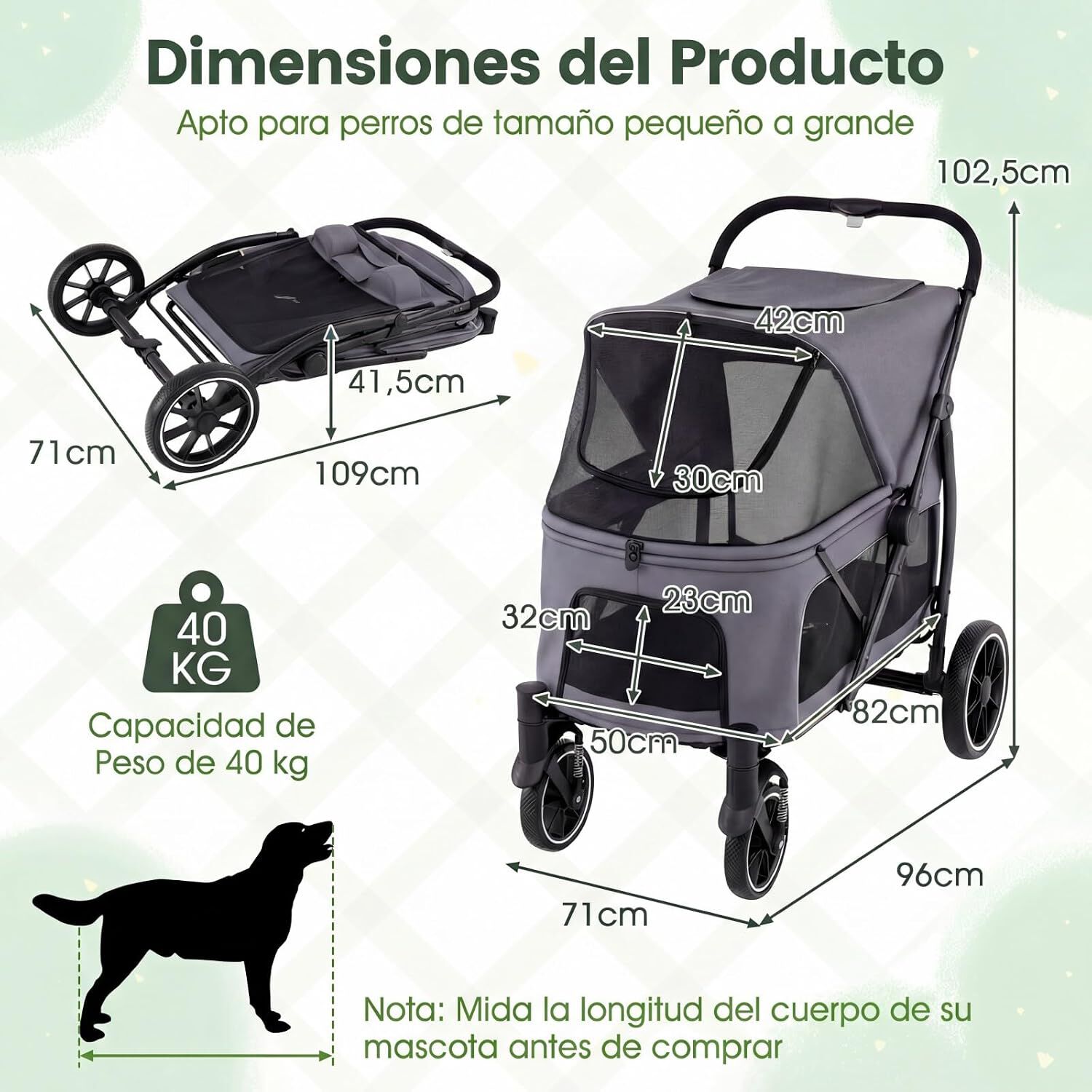 COSTWAY Carrito para Perros Plegable Grande, Cochecito para Mascotas con Ruedas, Toldo Ajustable de Malla, Bolsillos de Almacenamiento y Cintur&oacute;n de Seguridad, Carga 40 kg, 96 x 71 x 102,5 cm, Gris, , large Imagen numero 5