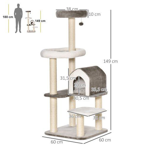PawHut &Aacute;rbol Rascador con Cueva Marr&oacute;n para gatos grandes, , large Imagen numero 3