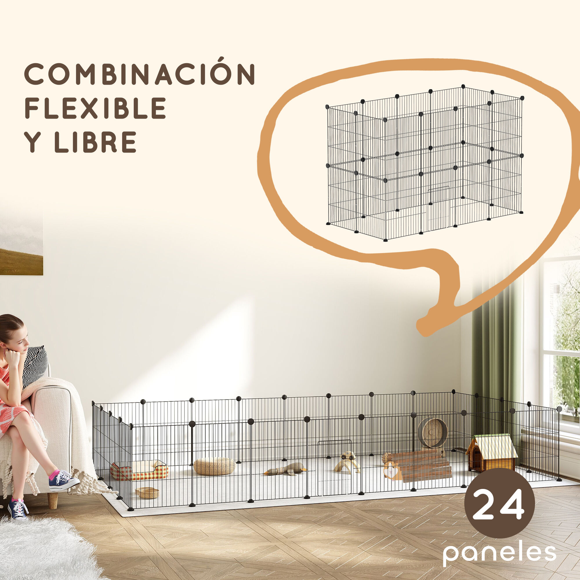 PawHut Valla Metálica para Mascotas de 24 Paneles, Jaula para Animales Pequeños, Forma Personalizable, Jaula para Conejos, Cobayas, Chinchillas, Gatitos, 120x60x80 cm, Negro thumbnail