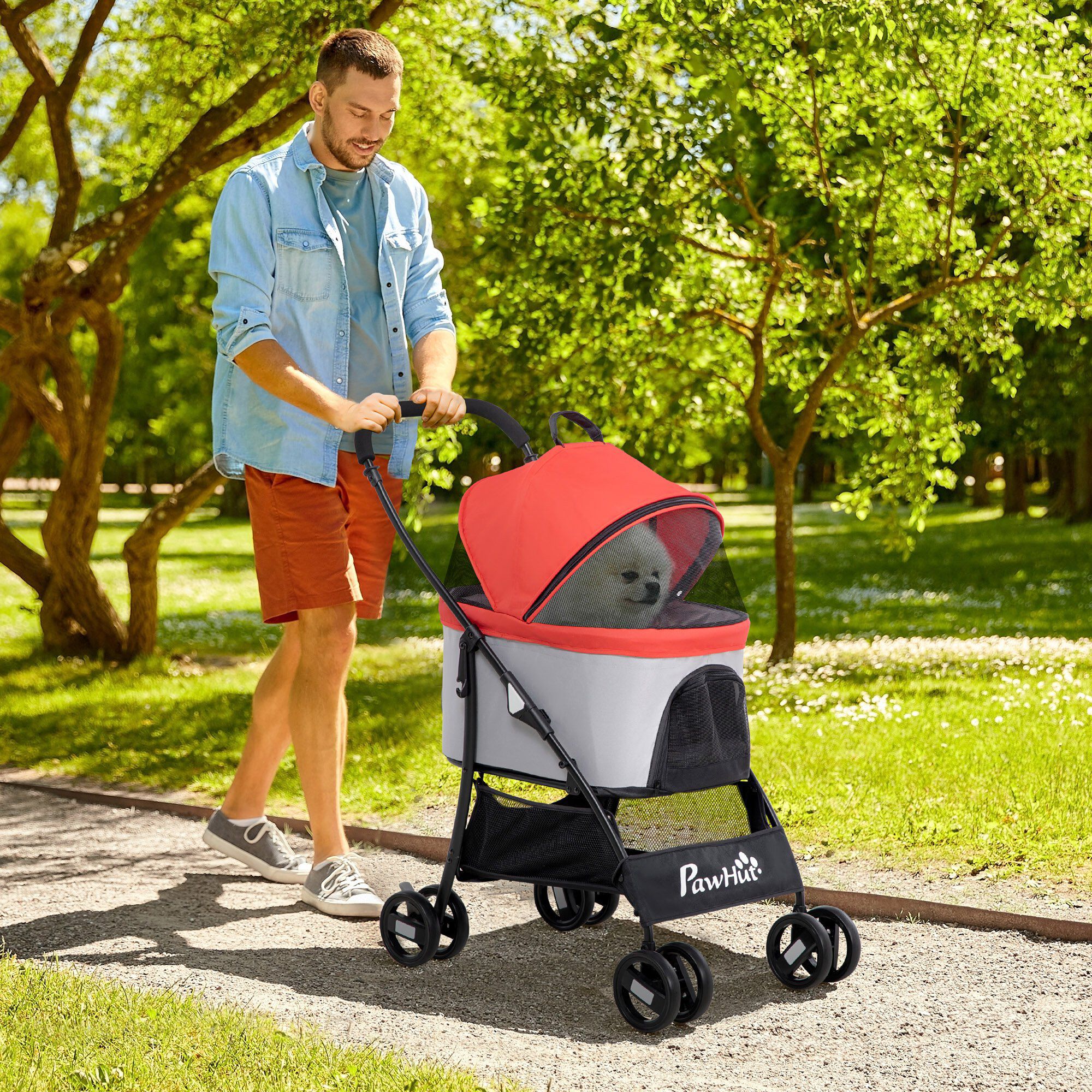 PawHut 3 en 1 Cochecito para Mascotas Carrito para Perros y Gatos Desmontable Bolsa de Transporte Plegable con Cesta de Almacenaje y Frenos Tela Oxford 600D Carga 15 kg 82x49,5x98 cm Rojo., , large Imagen numero 2