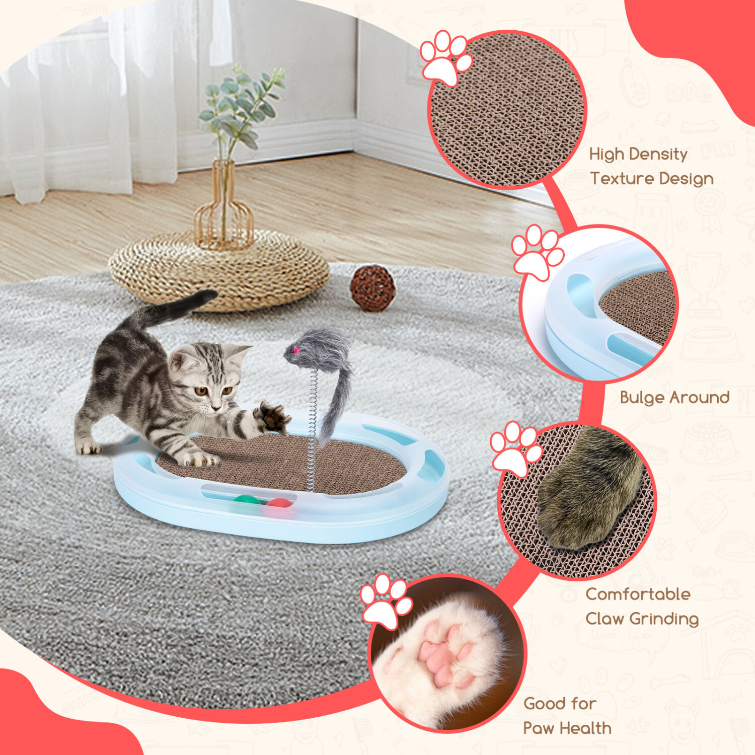 Nobleza - Rascador para Gatos Multifuncional, Juguete Rascador Para Gatos con 2 Bolas y 1 Varita de Resorte para Gatos, Cart&oacute;n Rascador para Gatos 4 en 1 con Hierba Gatera, 42 * 31 * 5,5 cm, , large Imagen numero 3