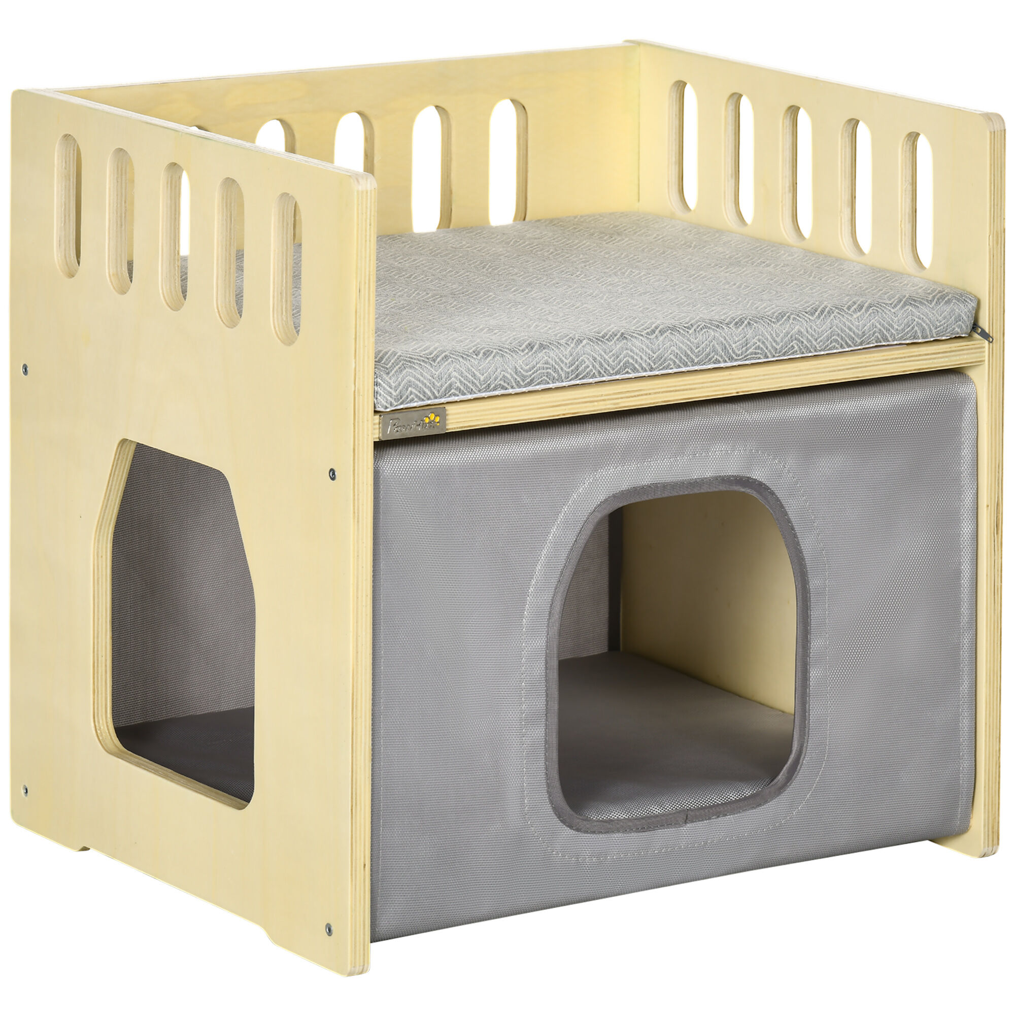 PawHut Cama para Gatos de Madera Cueva para Gatos Casa para Gatos de Interior con 2 Cojines y Cubierta de Tela Oxford Extra&iacute;ble 48x38x47 cm Natural, , large Imagen numero 1