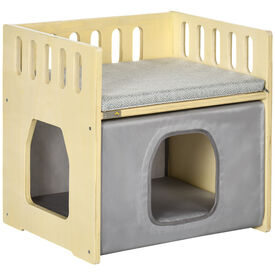PawHut Cama Cueva de madera con tela oxford para gatos