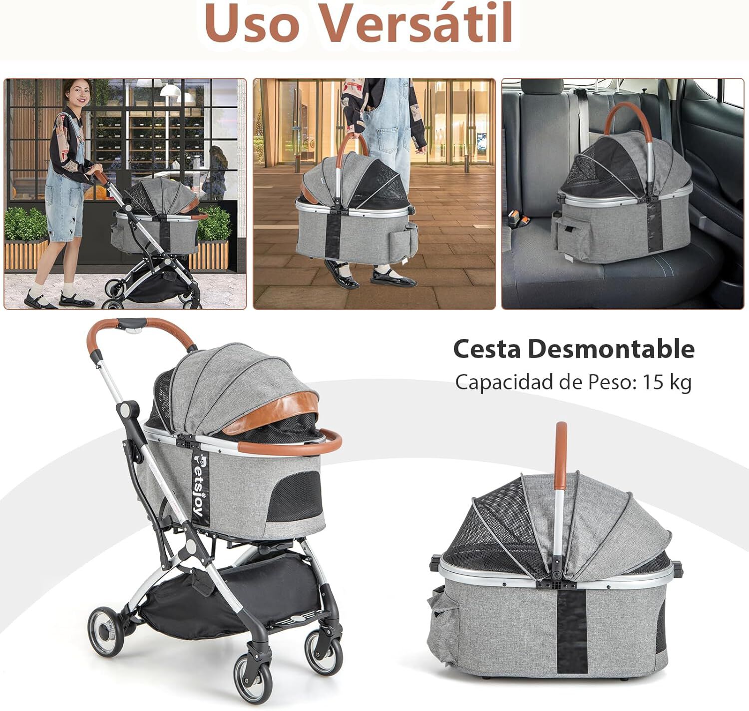 COSTWAY 3 en 1 Cochecito para Mascotas Plegable, Cochecito para Mascotas con Cubierta Desmontable, Cochecito para Perros y Gatos con Cesta de Almacenaje y Ruedas con Freno, 78 x 48 x 105 cm, , large Imagen numero 4