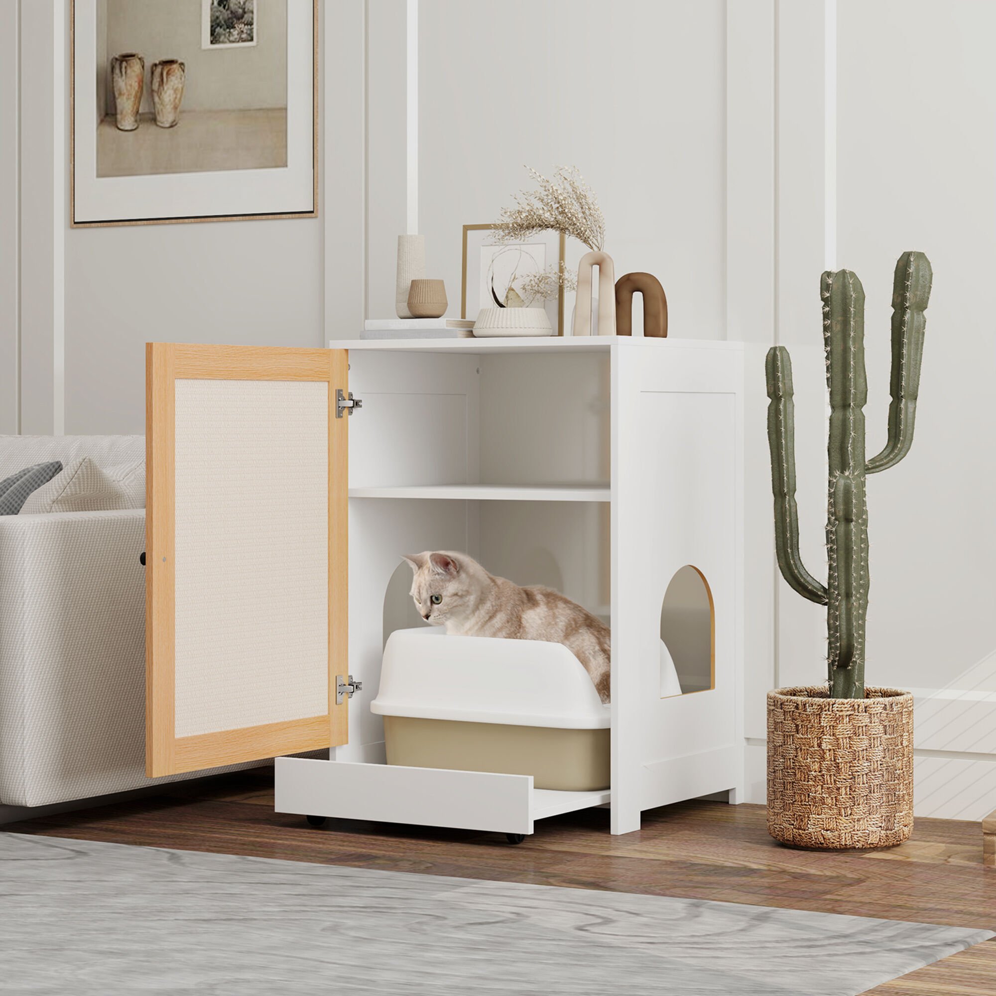 PawHut Areneros Blanco y Roble para gatos thumbnail