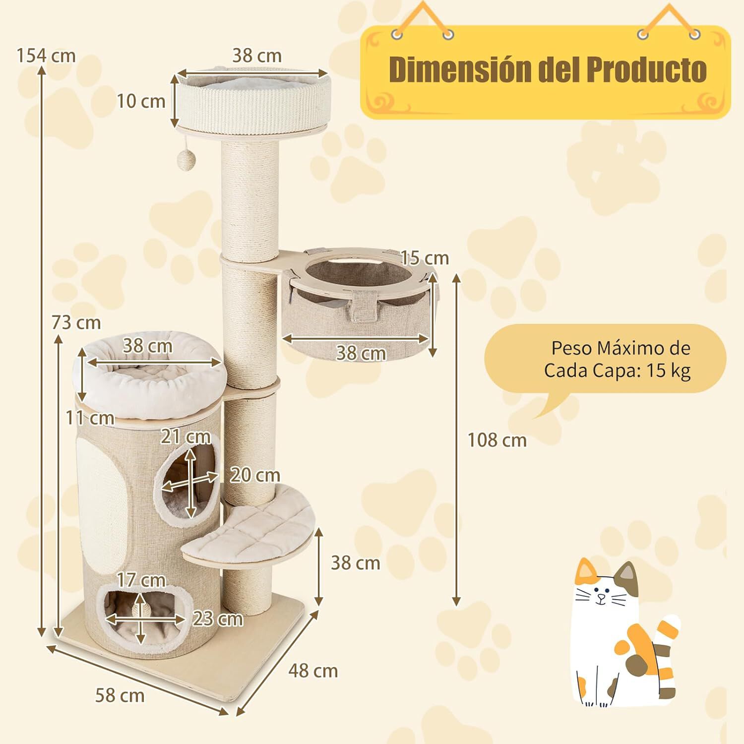 COSTWAY &Aacute;rbol para Gatos de 154 cm, Rascador para Gatos con Condominio de 2 Pisos, Percha Superior, Postes Rascadores de Sisal, Alfombra de Sisal, Hamaca, Pelotas Colgantes, Cama Extra&iacute;ble, , large Imagen numero 3
