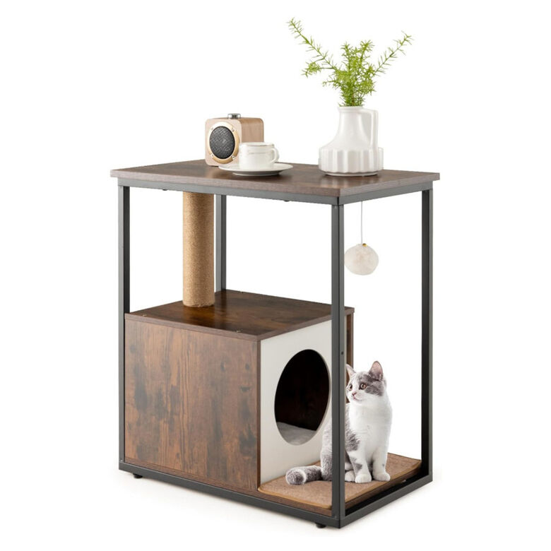COSTWAY Mesa Auxiliar con Casa para Gatos y Tapete Rascador Extraíble thumbnail