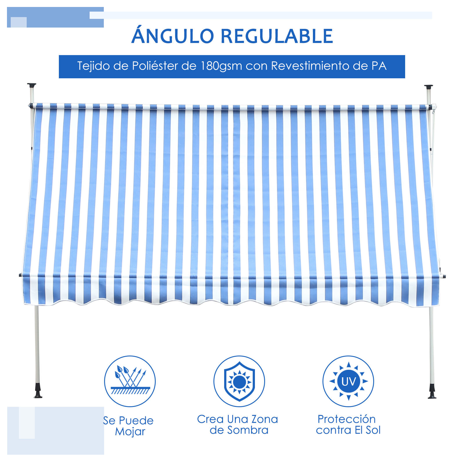 Toldo Plegable Ventana Exterior Montando en La Pared para Jard&iacute;n Patio Piscina Balc&oacute;n Extensible Altura Regulable en 4 Niveles con Manivela Instalaci&oacute;n f&aacute;cil 197x250x200/300cm Azul y Blanco, , large Imagen numero 5