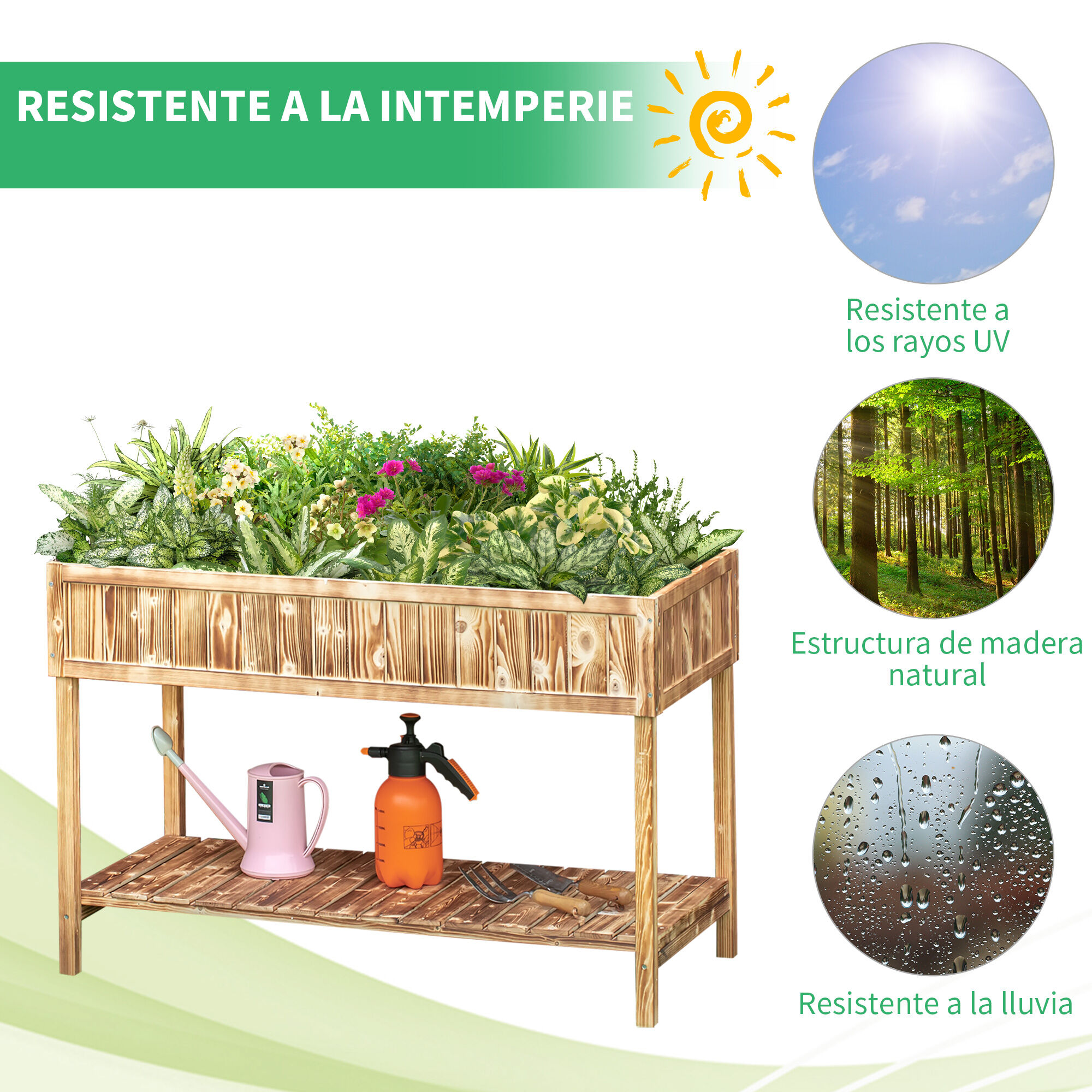 Outsunny Huerto Urbano de Madera 120x60x81 cm Jardinera Elevada para Cultivo de Plantas Flores Mesa de Cultivo con Estante Inferior para Jard&iacute;n Terraza Exterior Carbanizado, , large Imagen numero 5