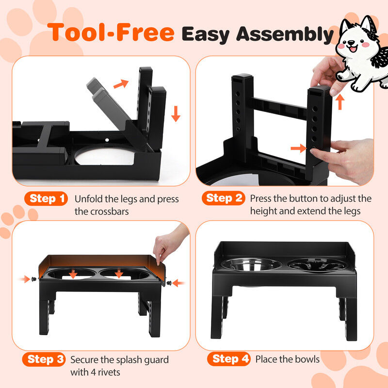 Nobleza Comedero Elevado para Perros y Gatos, Soporte Ajustable a 6 Alturas y Reclinable, Kit de 2 Cuencos: 1000ml Acero Inoxidable y 600ml Comedero Antivoracidad, Dise&ntilde;o Antiderrame, Negro, , large Imagen numero 5