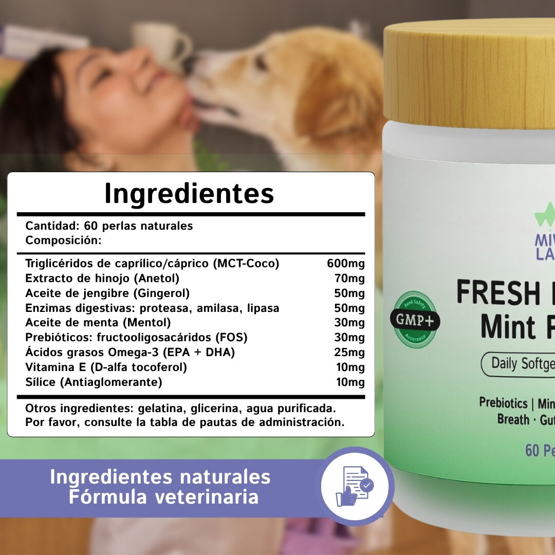 Prebioticos con Menta para el Mal Aliento de Perros y Gatos | Suplemento Veterinario con Enzimas para Salud Digestiva Completa Perro y Gato Reparador y Refrescante Flora Intestinal Olor Placa y Sarro thumbnail