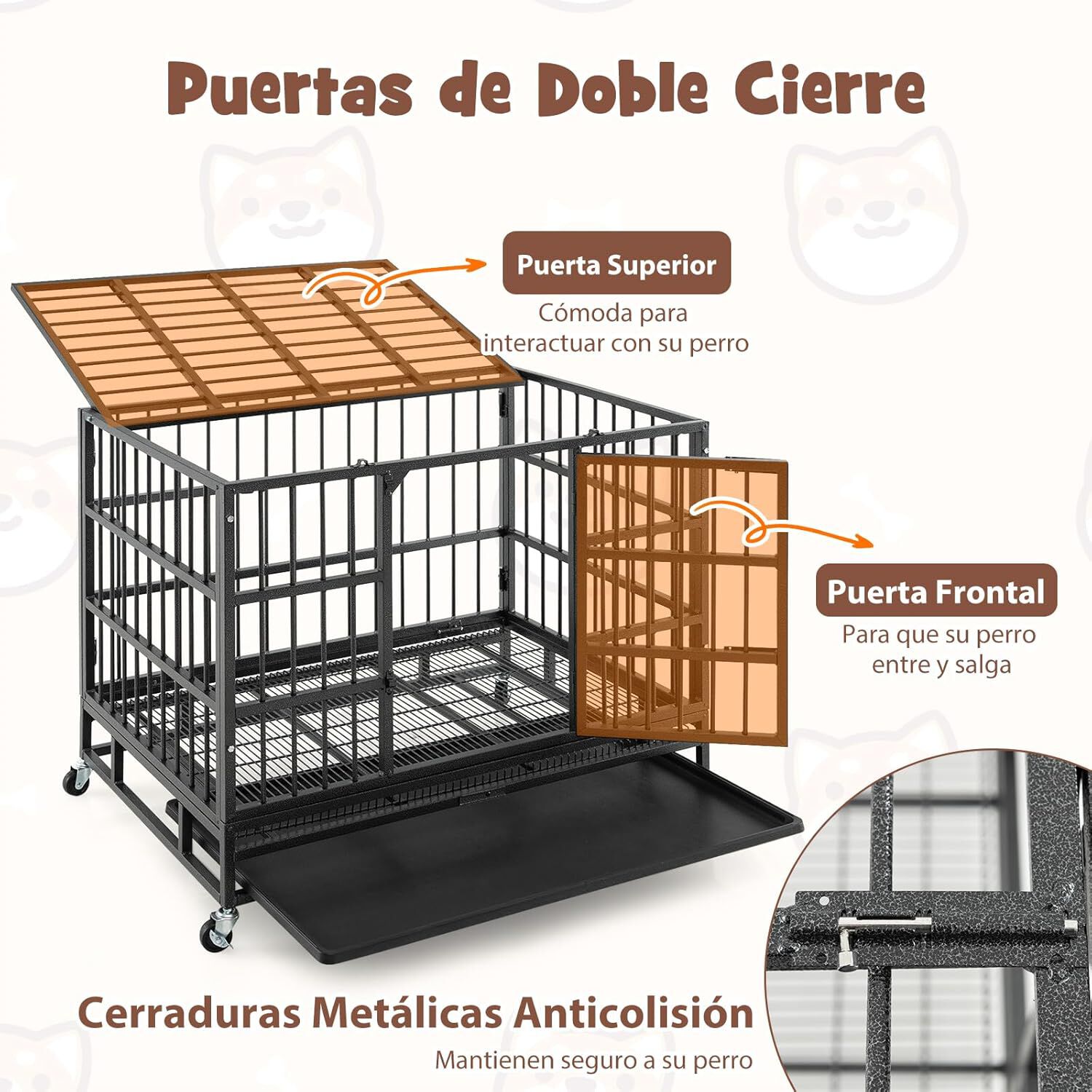 COSTWAY Jaula para Perros Plegable, Jaula para Mascotas de Metal con 2 Puertas, 4 Ruedas Giratorias, Bandeja Extra&iacute;ble, Caja para Perros Port&aacute;til para Interiores y Exteriores (96 x 65 x 77 cm), , large Imagen numero 5