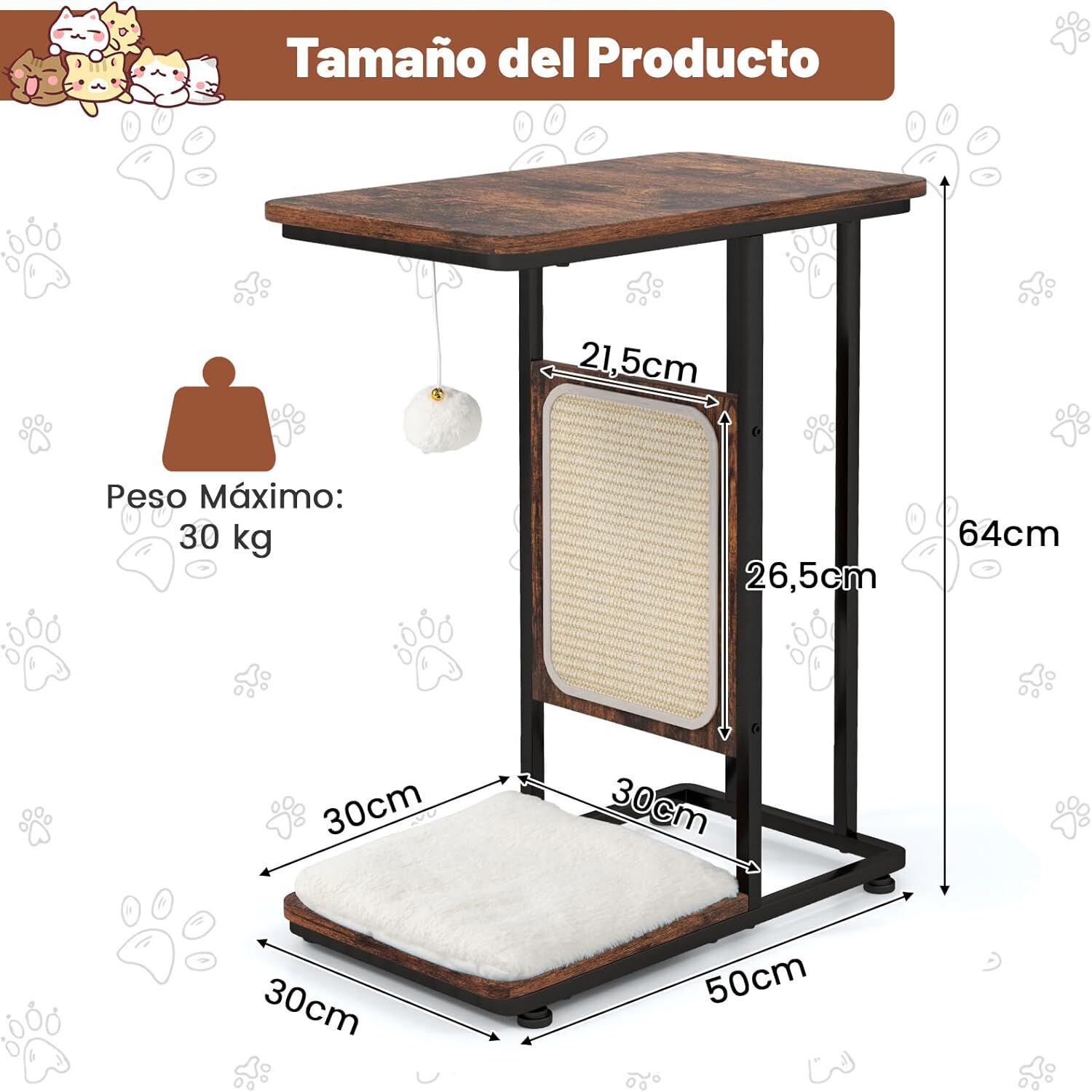 COSTWAY 4 en 1 Árbol para Gatos y Mesa Auxiliar en Forma de C con Cojín Lavable Marrón Rústico para gatos thumbnail