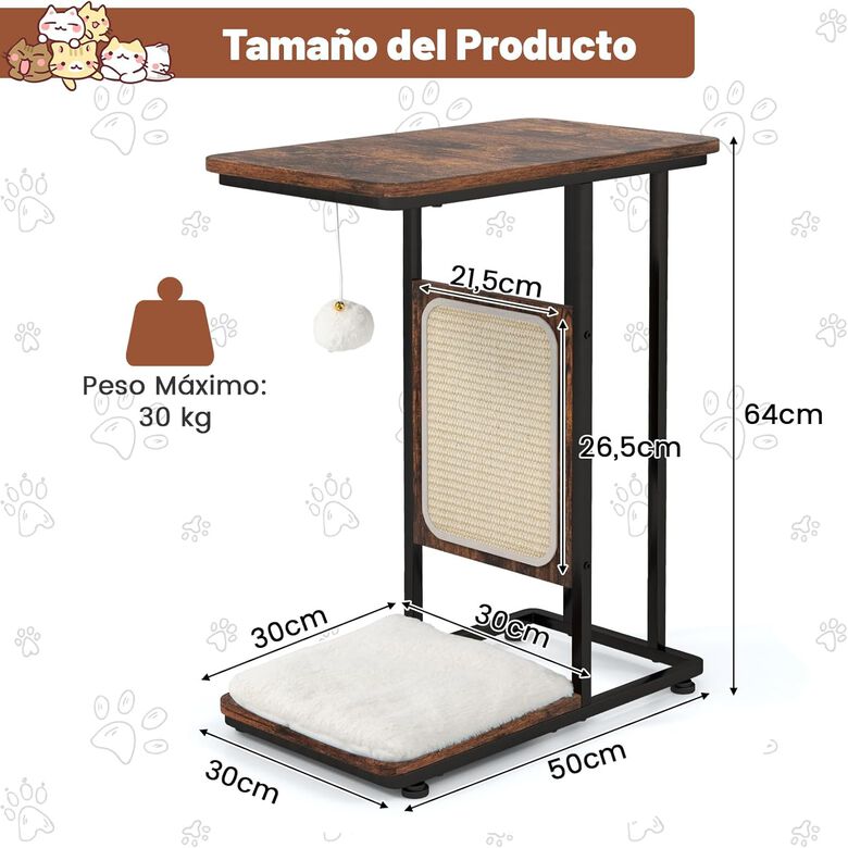 COSTWAY 4 en 1 Árbol para Gatos y Mesa Auxiliar en Forma de C con Cojín Lavable Marrón Rústico para gatos thumbnail