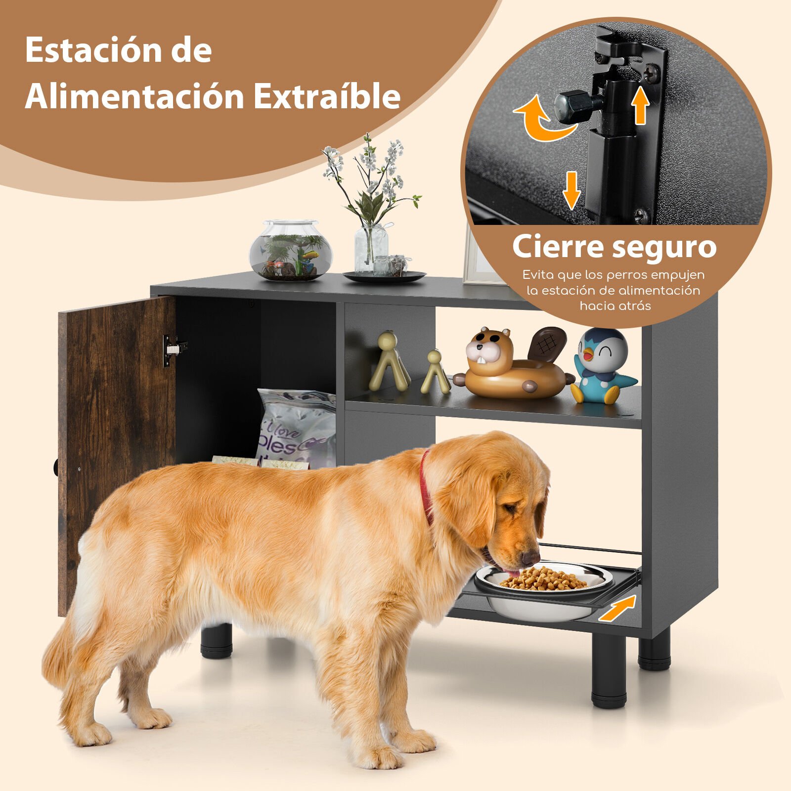 COSTWAY Estación de Alimentación Elevada Ajustable para Perros con 2 Cuencos de Acero Inoxidable y Estantes thumbnail