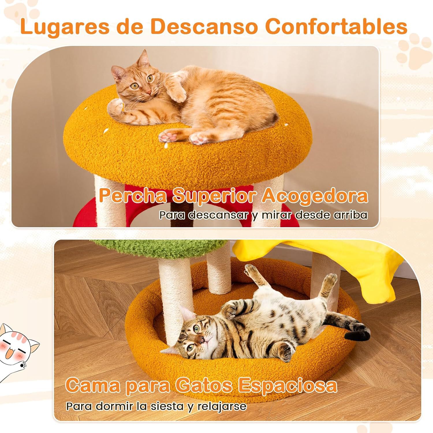 COSTWAY &Aacute;rbol Rascador para Gatos Moderno, 106 cm &Aacute;rbol para Gatos en Forma de Hamburguesa con Percha Acolchada, Cama Amplia, Postes Rascadores de Sisal, Cojines de Felpa, Torre para Gato Decorativo, , large Imagen numero 3