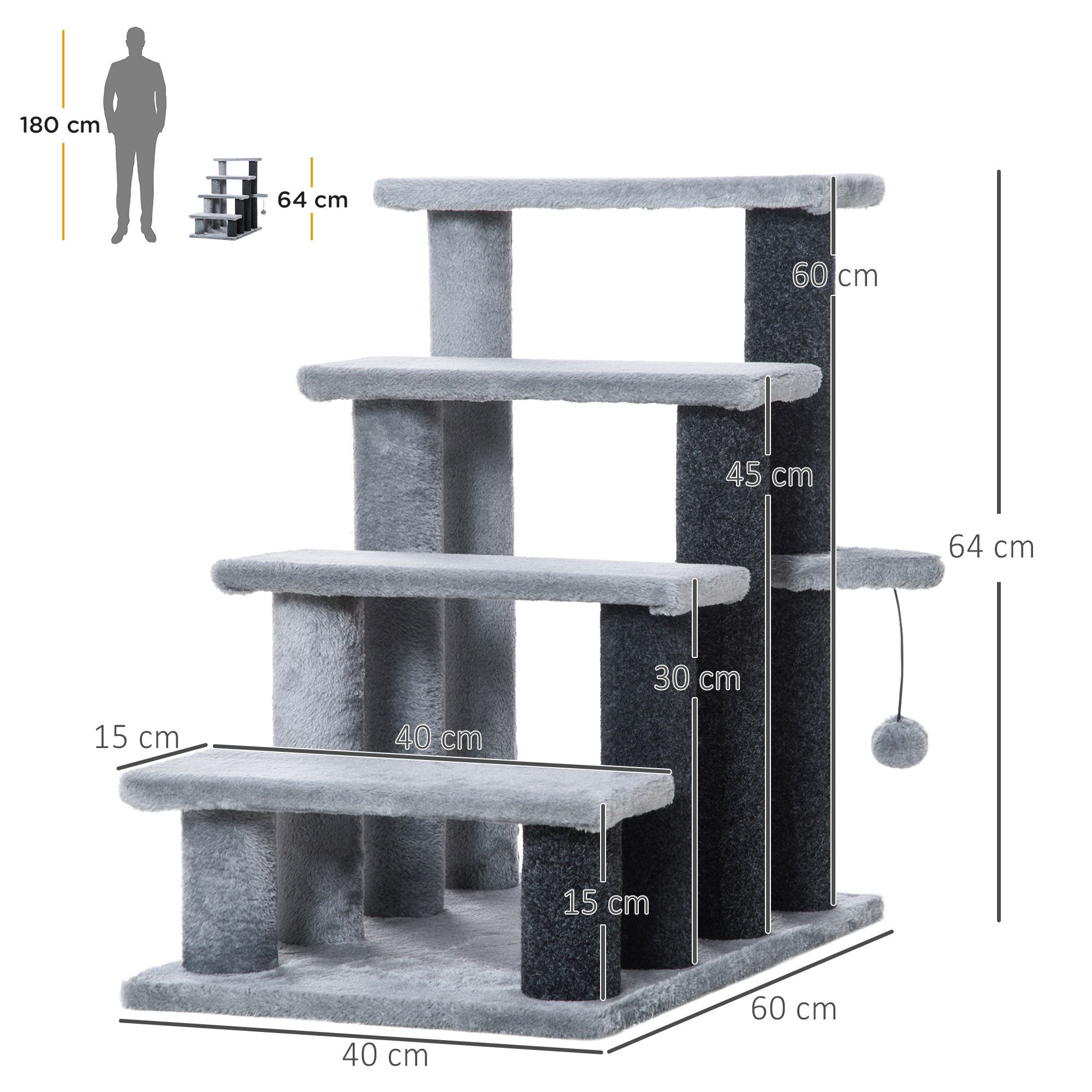 PawHut Escaleras para Gatos de 4 Escalones Escaleras para Mascotas &Aacute;rbol Rascador para Gatos Peque&ntilde;o con Poste Rascador Bola Colgante 60x40x64 cm Gris, , large Imagen numero 3