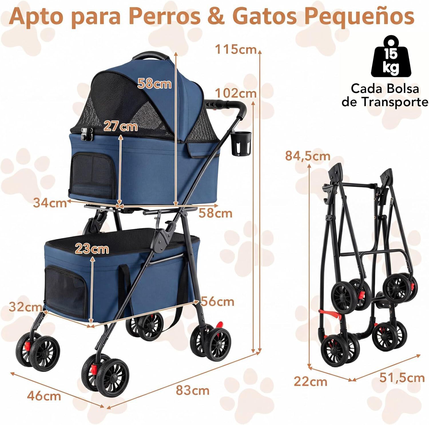 COSTWAY Carrito para Perros Plegable Doble 3 en 1, Cochecito para Perros con 2 Portadores Desmontables, Ruedas con Freno, Malla Transpirable, Portavasos, Carro para Mascotas hasta 15 kg, Azul, , large Imagen numero 5