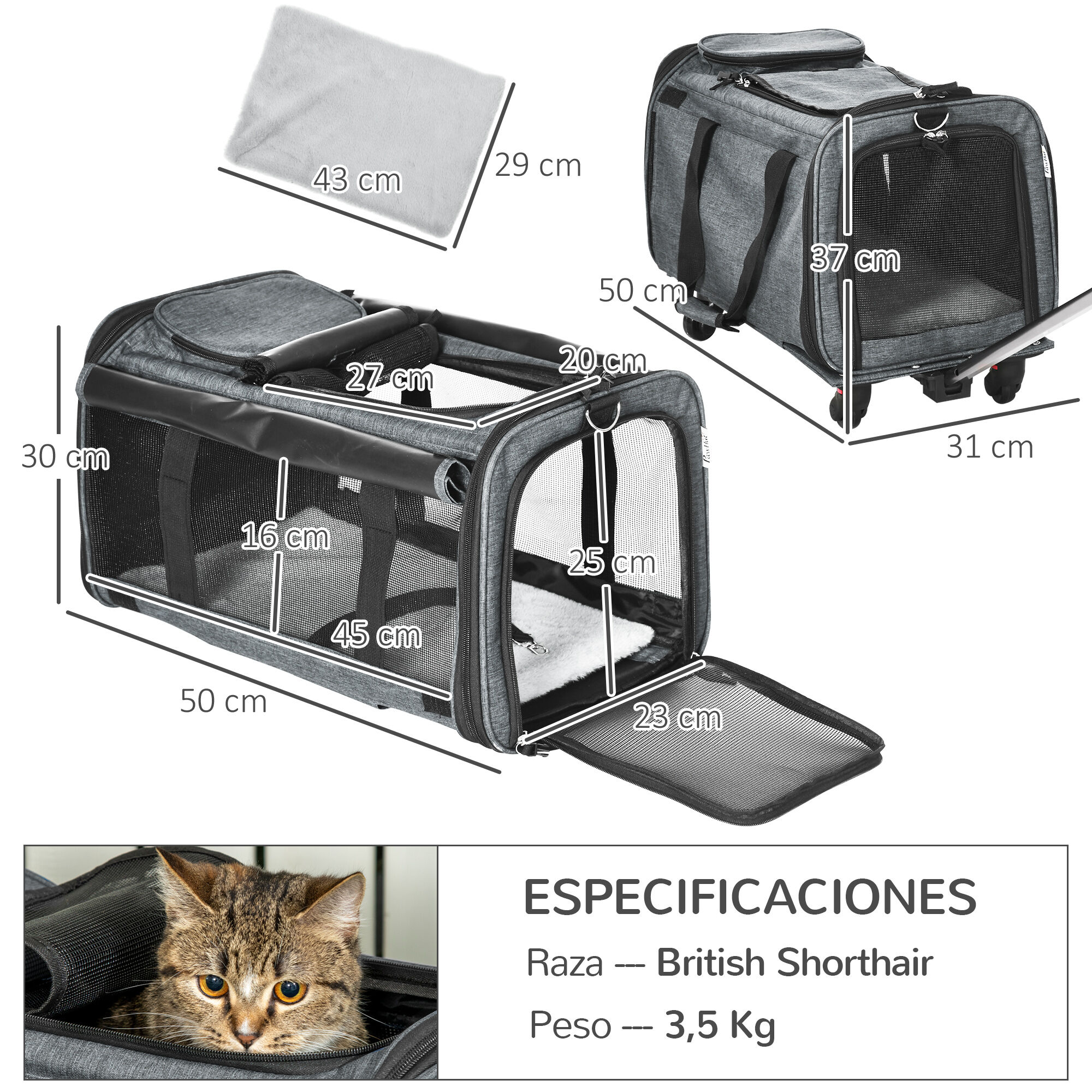 PawHut 4 en 1 Transportadora para Mascotas con Ruedas Carrito para Mascotas Bolsa de Transporte para Perros Gatos con Asa Telesc&oacute;pica de Aluminio 50x31x37 cm Gris, , large Imagen numero 3