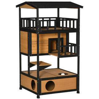PawHut Caseta de madera con refúgio, techo Asfáltico y plataformas interiores para gatos
