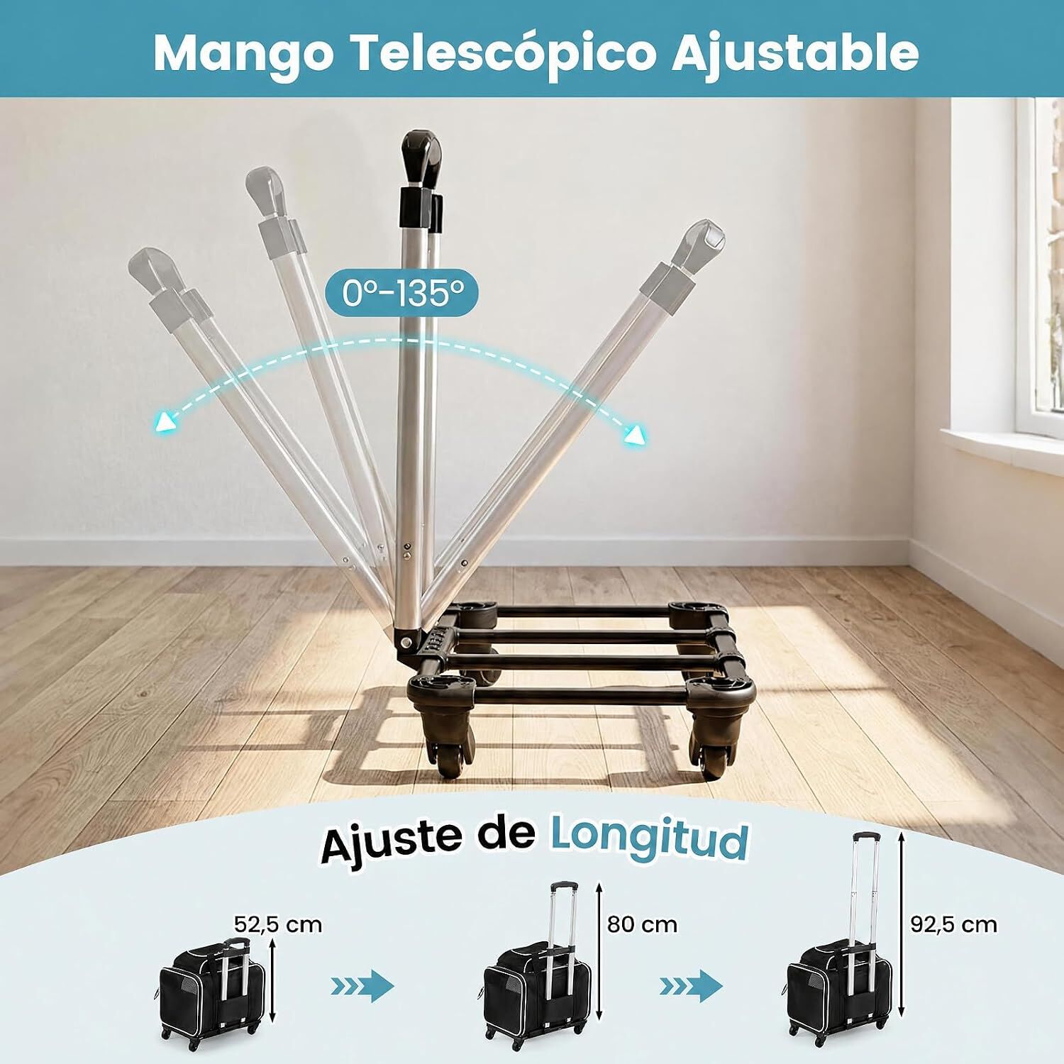 COSTWAY Transport&iacute;n para Mascotas con Ruedas y Asa Telesc&oacute;pica, Transportador para Perros y Gatos con Correa para Hombro, Alfombra Lavable, Ventanas Transpirables, Cremalleras, Negro, , large Imagen numero 5